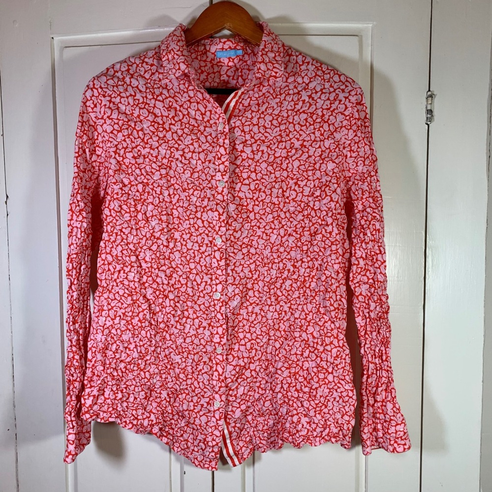 J. McLaughlin Women Lois‎ Blouse Red Pink Floral Preppy Crinkle Button Up Large